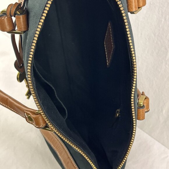FOSSIL KENDALL SATCHEL Black Canvas Purse Brown Leather Trim Extra Strap - Picture 5 of 11